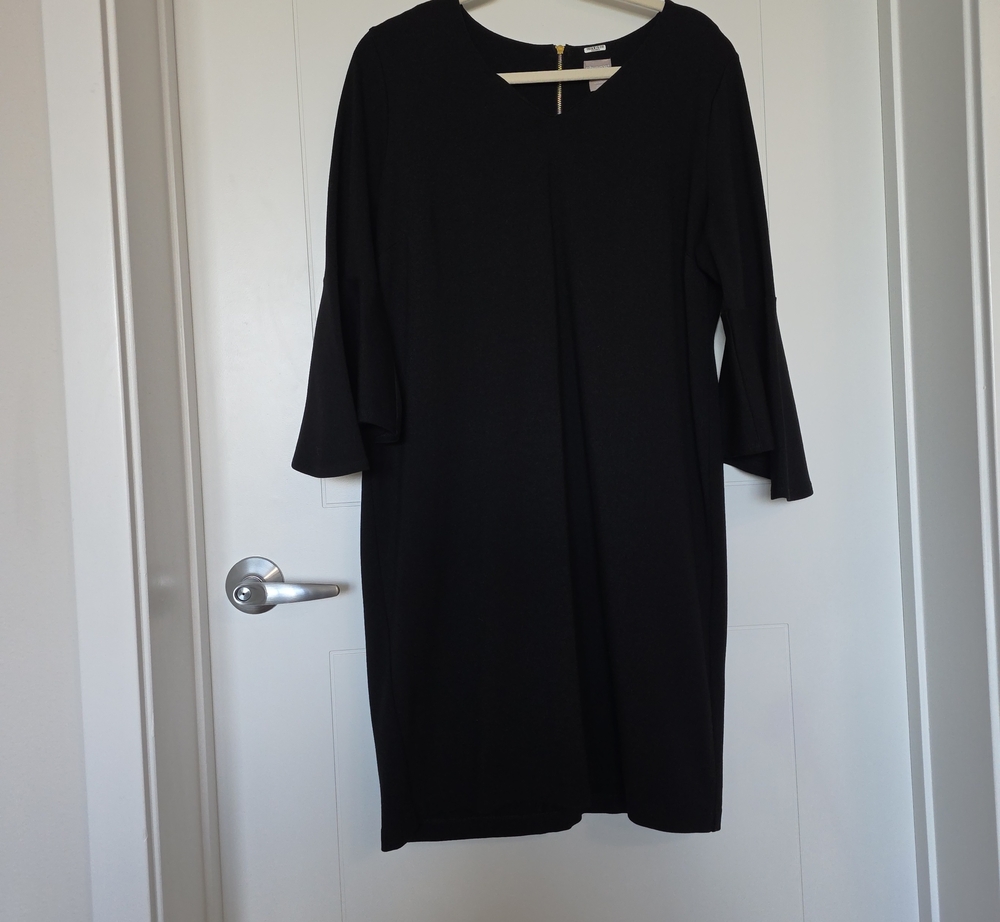 Chico's Black Midi Shift Dress with Flared Three-Quarter Sleeves